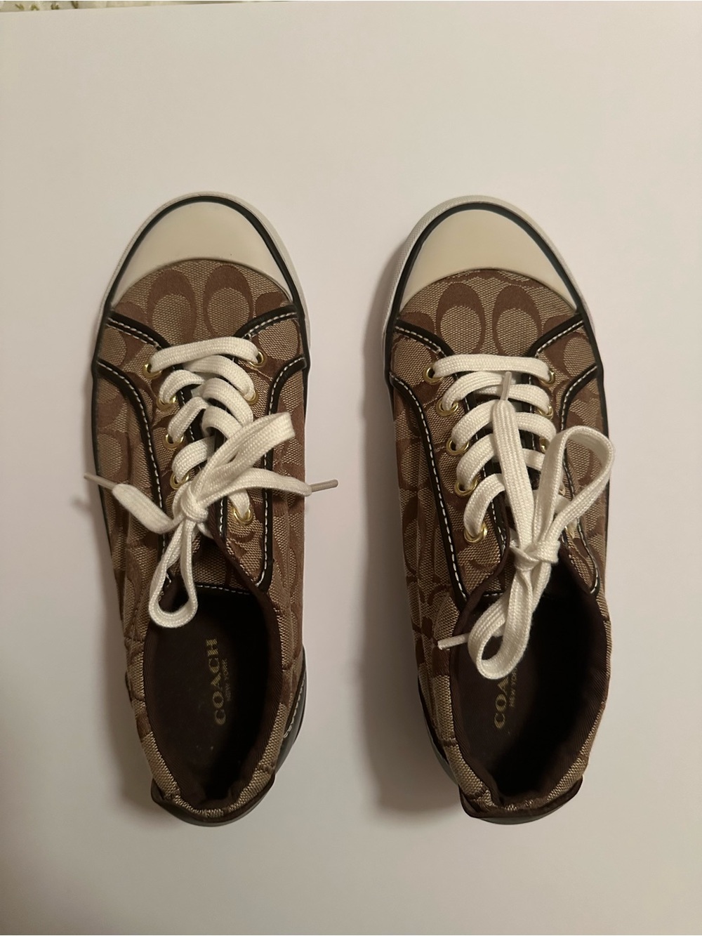 Coach Kids Tan Signature Canvas Lace-Up Sneakers with White Accents